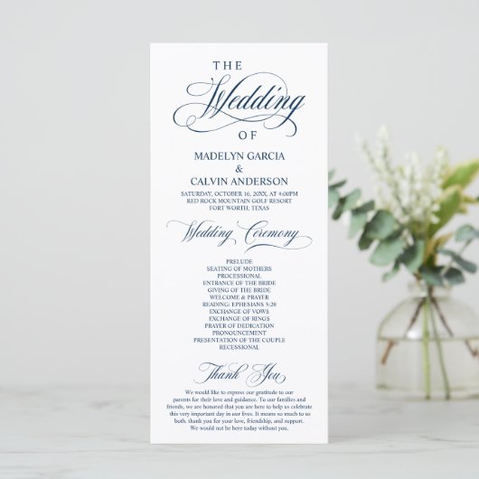 Classic Elegance Black Script, Wedding Ceremony Programmakaart (Staand voorkant)