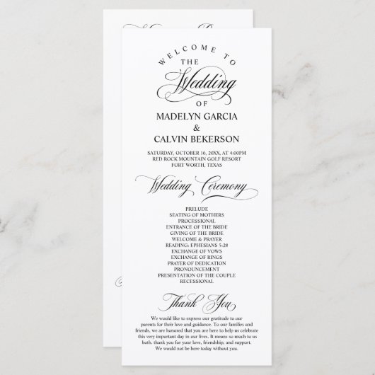 Classic Elegance Black Script, Wedding Ceremony Programmakaart (Voorkant / Achterkant)