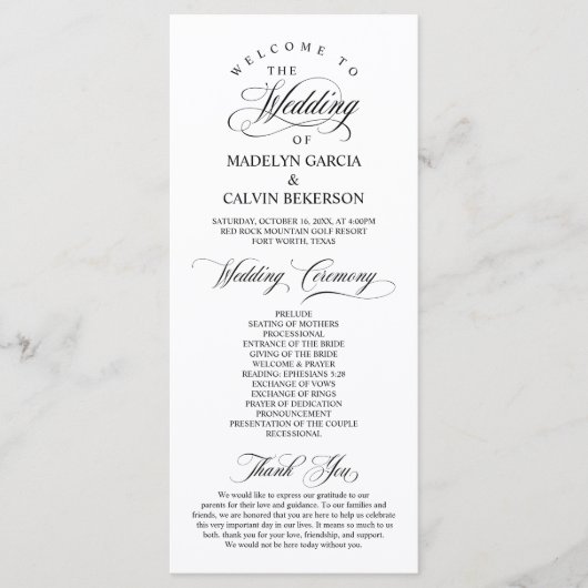 Classic Elegance Black Script, Wedding Ceremony Programmakaart (Voorkant)