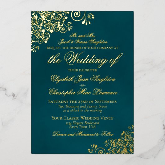 Classic Elegance Gold on Dark Teal Formal Wedding Folie Uitnodiging (Voorkant)