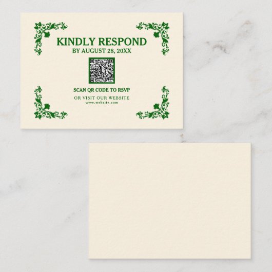 Classic Elegance Ivory & Emerald Islamic QR RSVP Informatiekaartje (Voorkant / Achterkant)