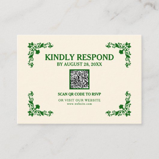 Classic Elegance Ivory & Emerald Islamic QR RSVP Informatiekaartje (Voorkant)