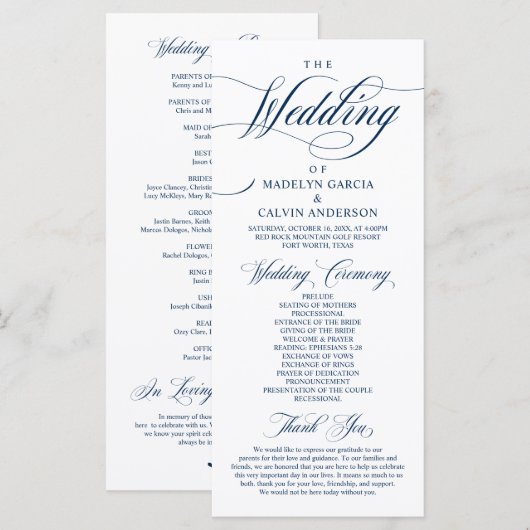 Classic Elegance Navy Blue, bruiloft ceremonie Programmakaart (Voorkant / Achterkant)