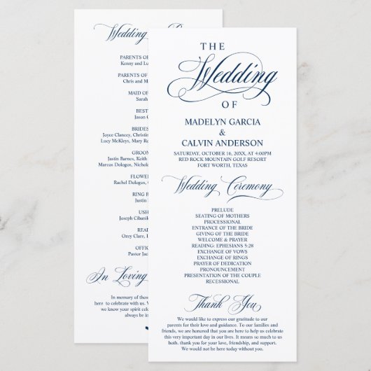 Classic Elegance Navy Blue, bruiloft ceremonie Programmakaart (Voorkant / Achterkant)