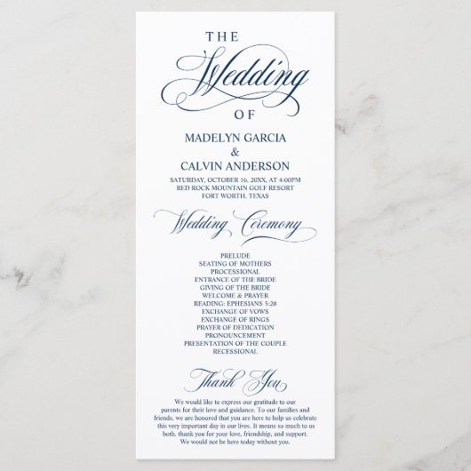Classic Elegance Navy Blue, bruiloft ceremonie Programmakaart (Voorkant)