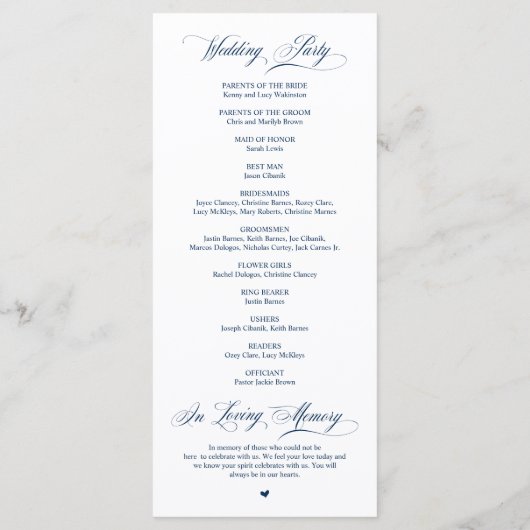 Classic Elegance Navy Blue Script Wedding Ceremony Programmakaart (Achterkant)