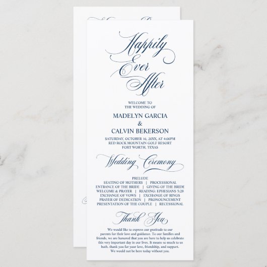 Classic Elegance Navy Blue Script Wedding Ceremony Programmakaart (Voorkant / Achterkant)