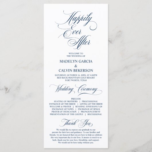 Classic Elegance Navy Blue Script Wedding Ceremony Programmakaart (Voorkant)