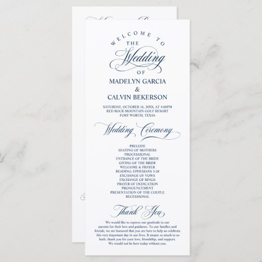 Classic Elegance Navy Blue Script Wedding Ceremony Programmakaart (Voorkant / Achterkant)