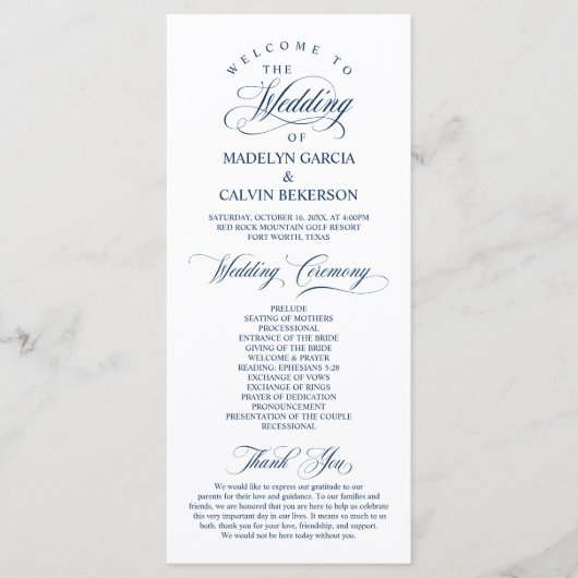Classic Elegance Navy Blue Script Wedding Ceremony Programmakaart (Voorkant)