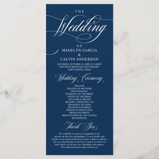 Classic Elegance Navy Blue, Wedding Ceremony Prog Programmakaart (Voorkant)