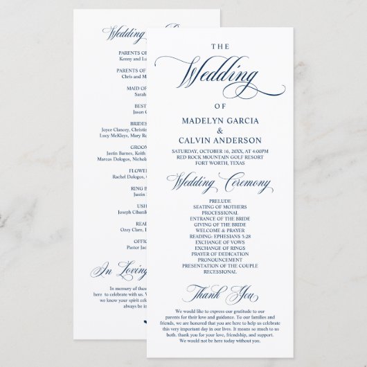 Classic Elegance Navy Blue, Wedding Ceremony Progr Programmakaart (Voorkant / Achterkant)