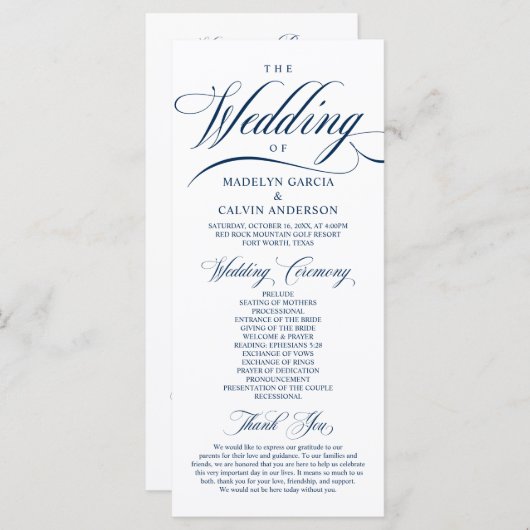 Classic Elegance Navy Blue, Wedding Ceremony Progr Programmakaart (Voorkant / Achterkant)