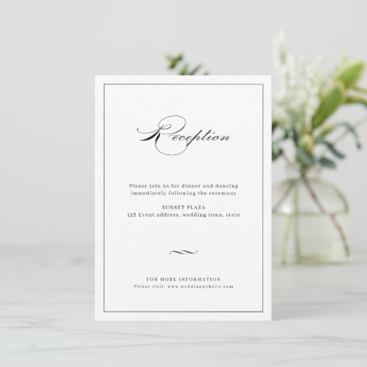 Classic Elegance Script Black Weduwen Reception Informatiekaartje (Staand voorkant)