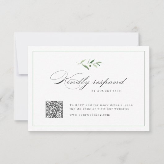 Classic Elegance Script Green bruiloft QR-code RSVP Kaartje (Voorkant)
