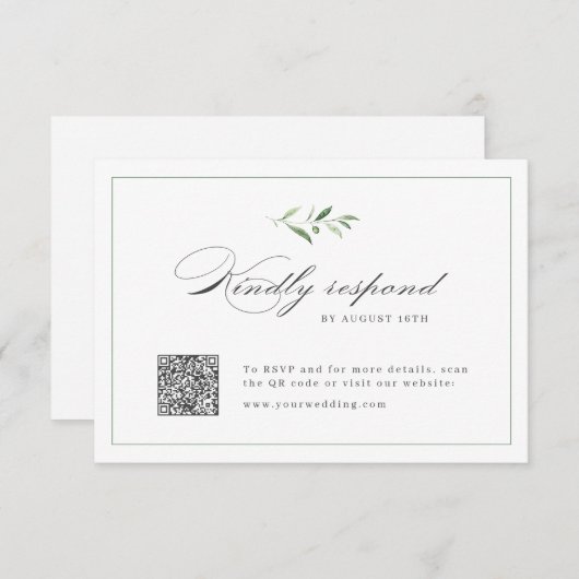 Classic Elegance Script Green bruiloft QR-code RSVP Kaartje (Voorkant / Achterkant)