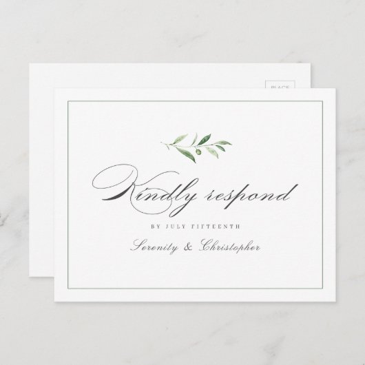 Classic Elegance Script Greenery bruiloft RSVP Inv Uitnodiging Briefkaart (Voorkant / Achterkant)
