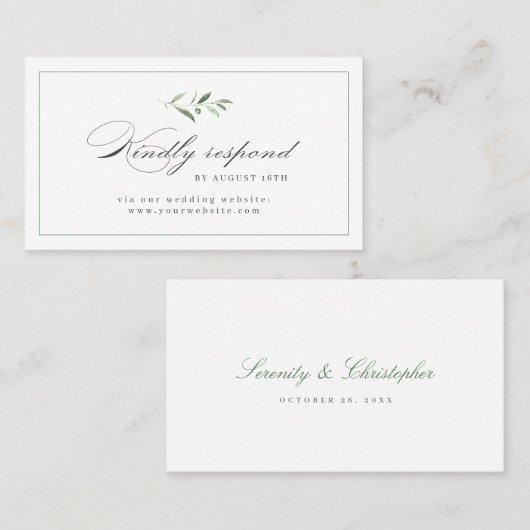 Classic Elegance Script Greenery bruiloft RSVP Plaatskaartje (Voorkant / Achterkant)