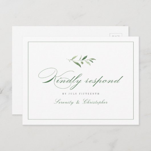 Classic Elegance Script Greenery bruiloft RSVP Uitnodiging Briefkaart (Voorkant / Achterkant)