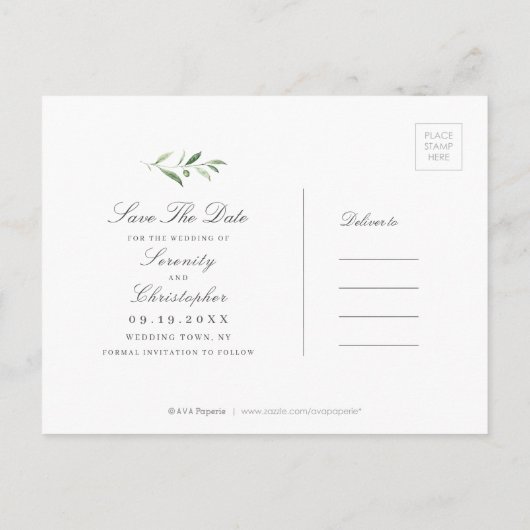 Classic Elegance Script Greenery sla de datum op Aankondigingskaart (Achterkant)