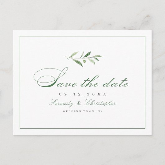 Classic Elegance Script Greenery sla de datum op Aankondigingskaart (Voorkant)