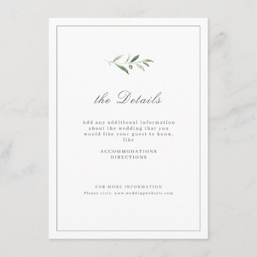 Classic Elegance Script Greenery Wedding Details Informatiekaartje (Voorkant)
