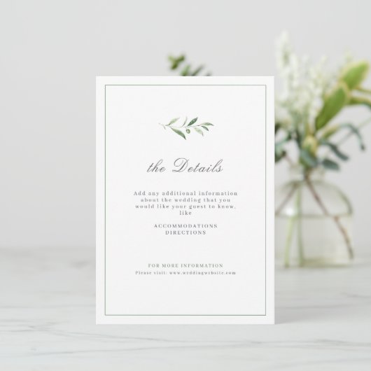 Classic Elegance Script Greenery Wedding Details Informatiekaartje (Staand voorkant)