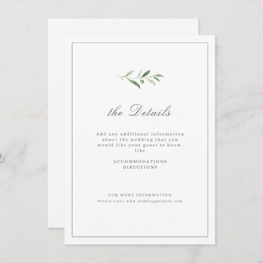 Classic Elegance Script Greenery Wedding Details Informatiekaartje (Voorkant / Achterkant)