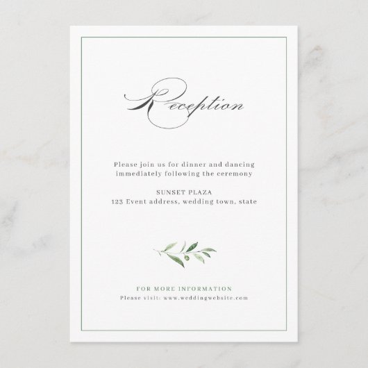 Classic Elegance Script Greenery Wedding Reception Informatiekaartje (Voorkant)