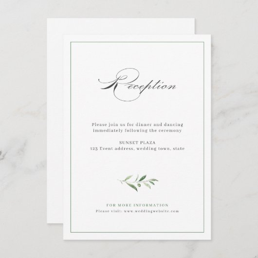 Classic Elegance Script Greenery Wedding Reception Informatiekaartje (Voorkant / Achterkant)