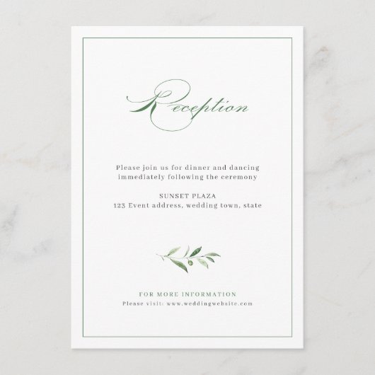 Classic Elegance Script Greenery Wedding Reception Informatiekaartje (Voorkant)