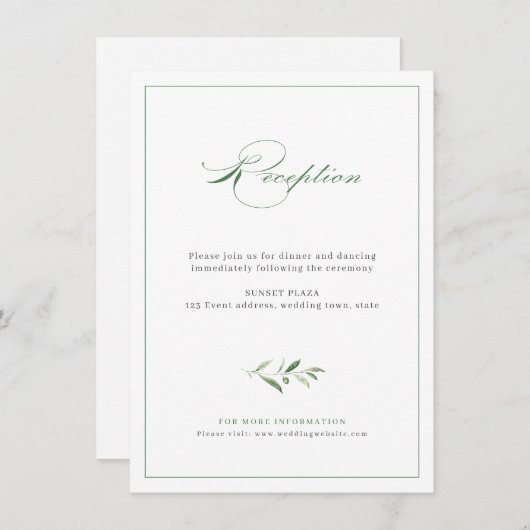 Classic Elegance Script Greenery Wedding Reception Informatiekaartje (Voorkant / Achterkant)