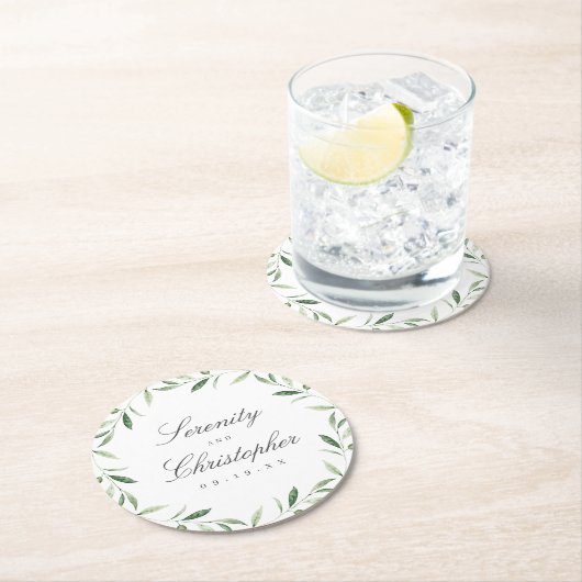 Classic Elegance Script Greenery Wedding Ronde Kartonnen Onderzetter (Insitu)