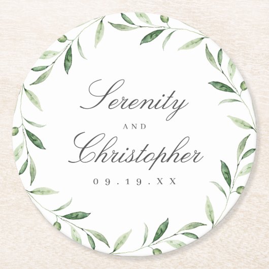 Classic Elegance Script Greenery Wedding Ronde Kartonnen Onderzetter (Voorkant)