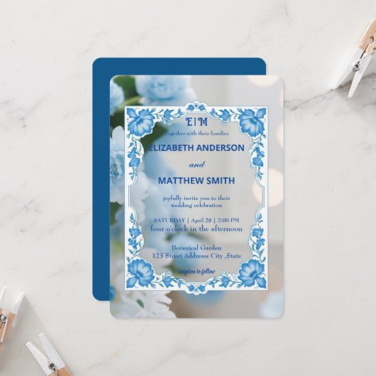 Classic Elegance Script monogram bloem bruiloft Kaart (Voorkant / Achterkant in situ)