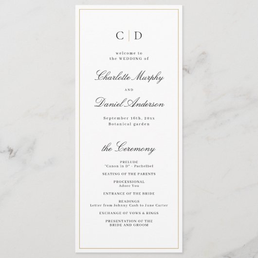 Classic Elegance Script Monogram Weddenschap Progr Menu (Voorkant)