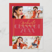 Classic Elegant 4 Fotocollage Rood Afstuderen Aankondiging (Voorkant / Achterkant)