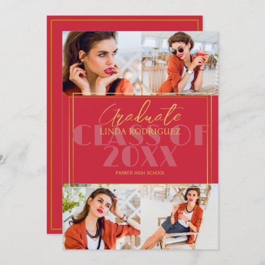 Classic Elegant 4 Fotocollage Rood Afstuderen Aankondiging (Voorkant / Achterkant)