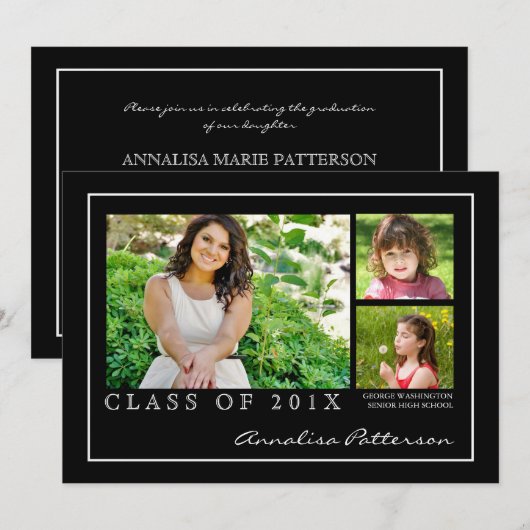 Classic & Elegant Afstuderen 3 Fotoaankondiging Kaart (Voorkant / Achterkant)