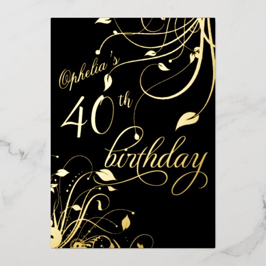 Classic Elegant Black and Gold Birthday Folie Uitnodiging (Voorkant)