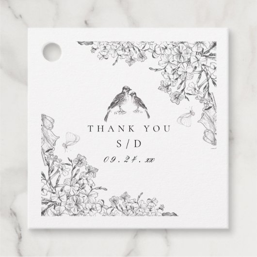 Classic Elegant Black White Floral Wedding  Bedankjes Labels (Voorkant)