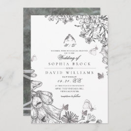 Classic Elegant Black White Floral Wedding  Kaart