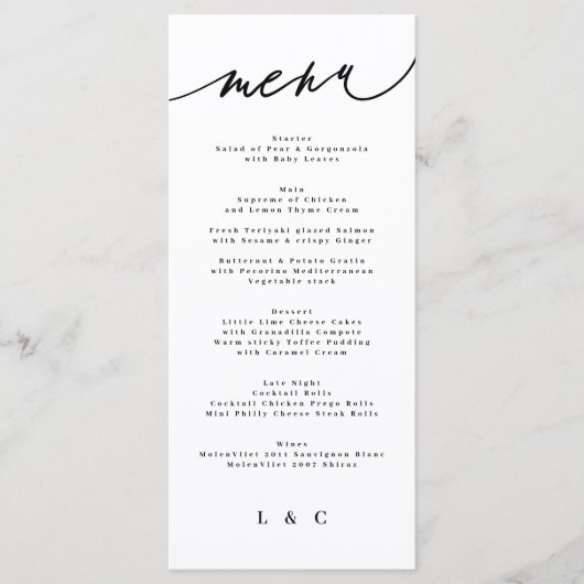 Classic Elegant Black White Monogram Menu (Voorkant)