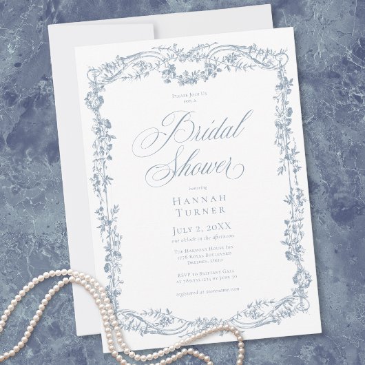 Classic Elegant Blue Floral Frame Bridal Shower Kaart