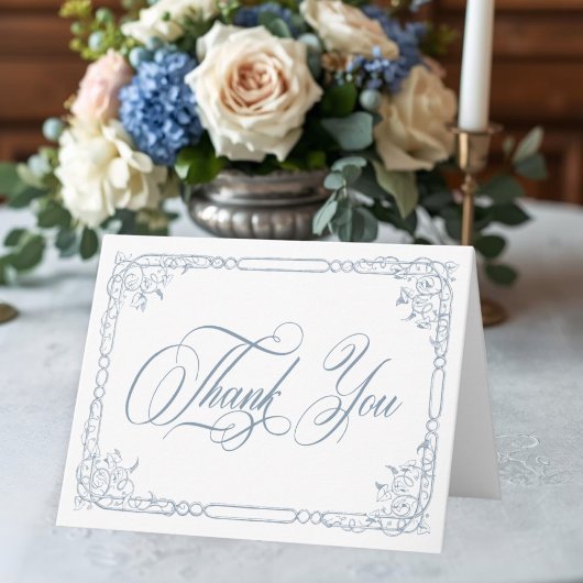 Classic Elegant Blue Floral Frame Photo Wedding Bedankkaart
