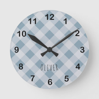 Classic Elegant Blue Gingham Plaid & Custom Name  Ronde Klok