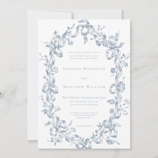 Classic Elegant Blue Oval Ribbon Frame Wedding Kaart (Voorkant)