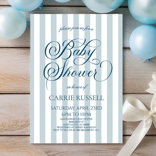 Classic Elegant Blue Stripes Boy Baby Shower Kaart