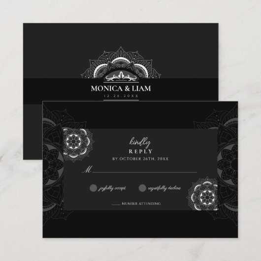 Classic Elegant Boho Mandala zwarte bruiloft RSVP Kaartje (Voorkant / Achterkant)