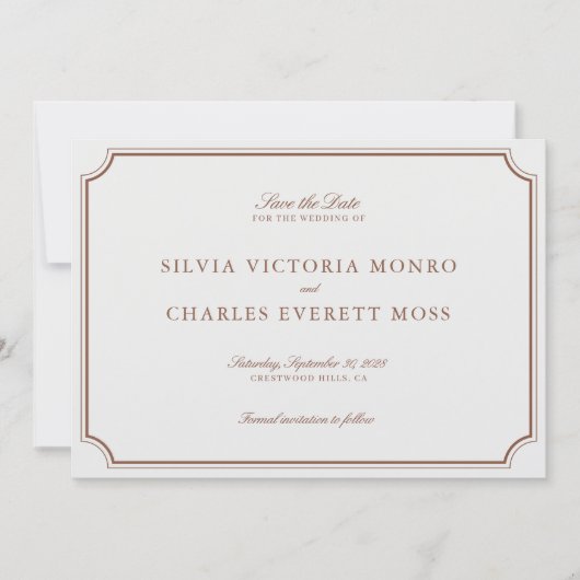 Classic Elegant Bruin & Ecru Bruiloft Save the Dat (Voorkant)
